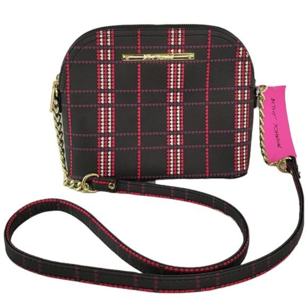 Betsey Johnson Womens Crossbody Purse‎ Heart Plaid Purse Black Pink Gold New